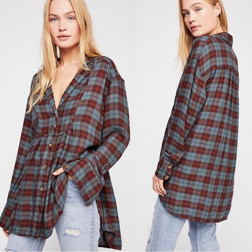 Free People All about the Feels Plaid Button-Down Top in Aubergine